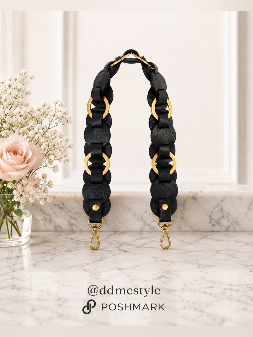 Handmade Detachable Black Leather Bag Strap with Gold Rings